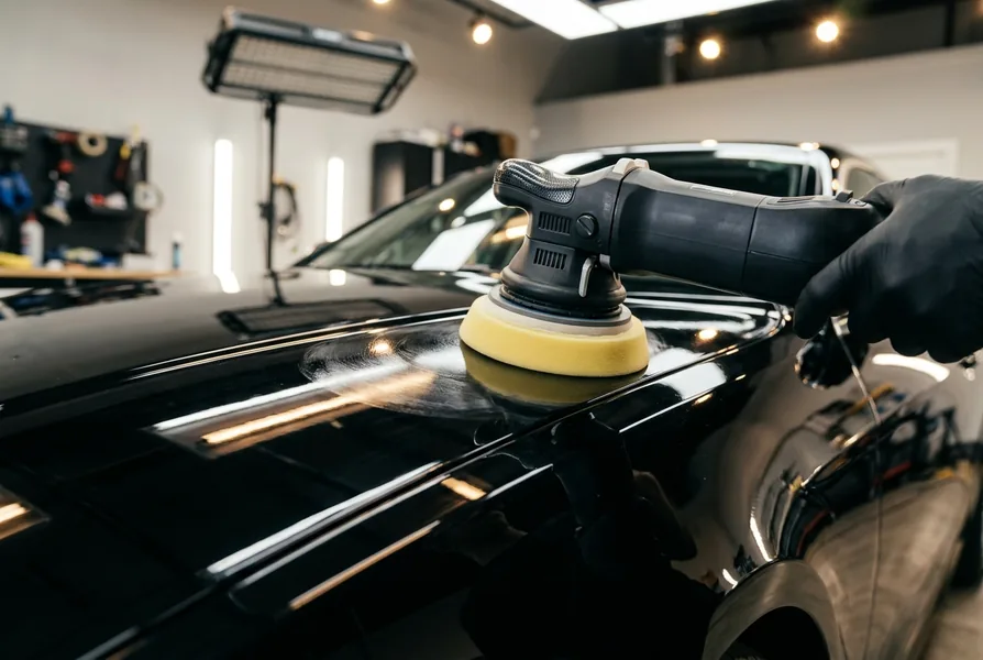 Illustrative image: Close-up of professional dual-action machine polishing on dark car paintwork