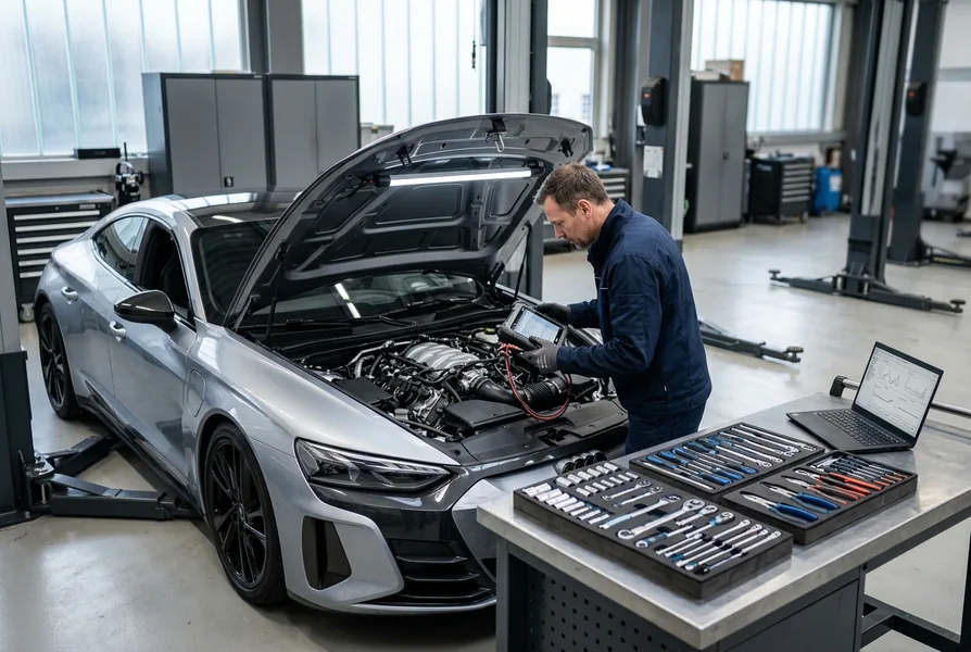 Concept visual: automotive workshop bay with mechanical engine inspection